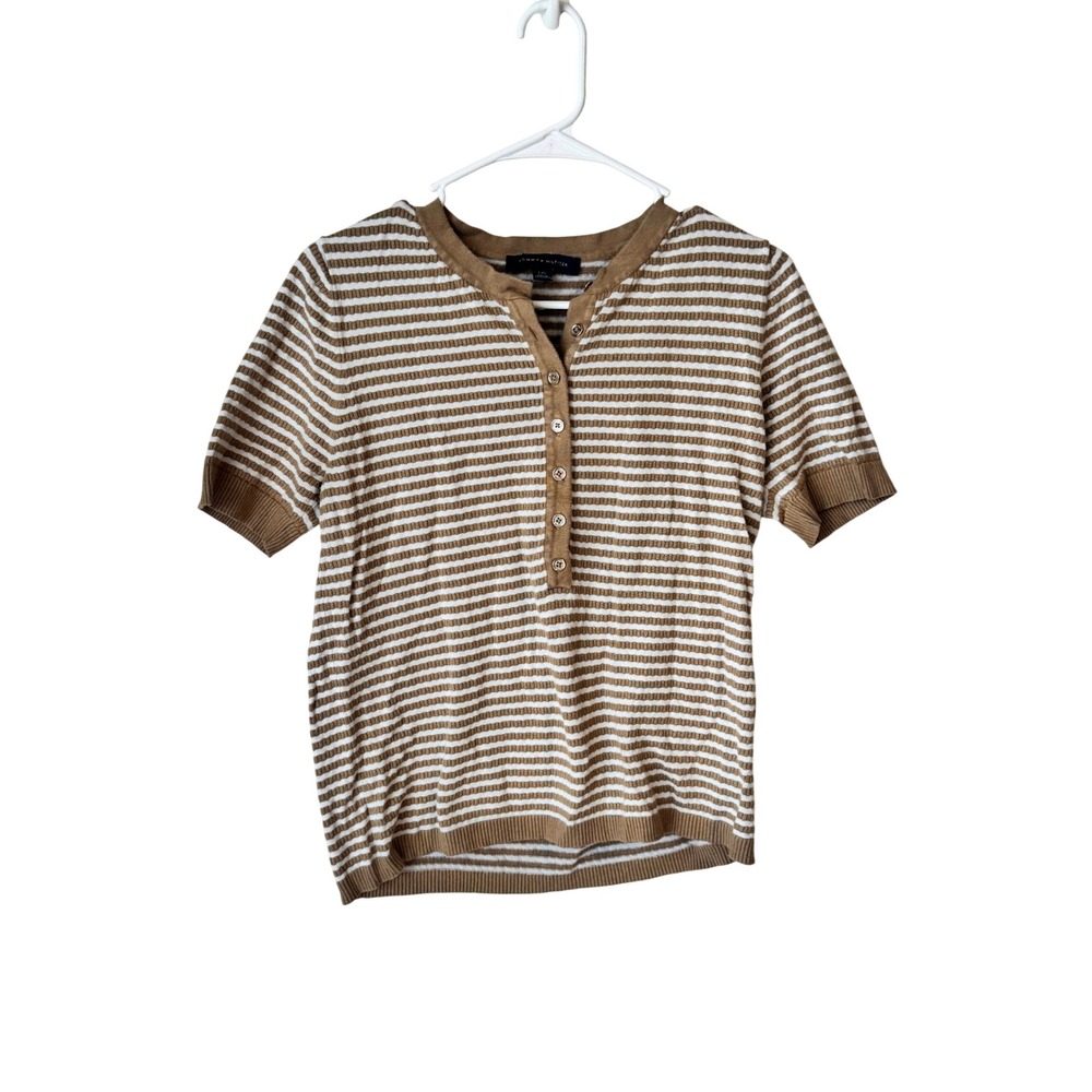 Tommy Hilfiger Mens Brown White Striped Short Sleeve Henley Knit Shirt Large